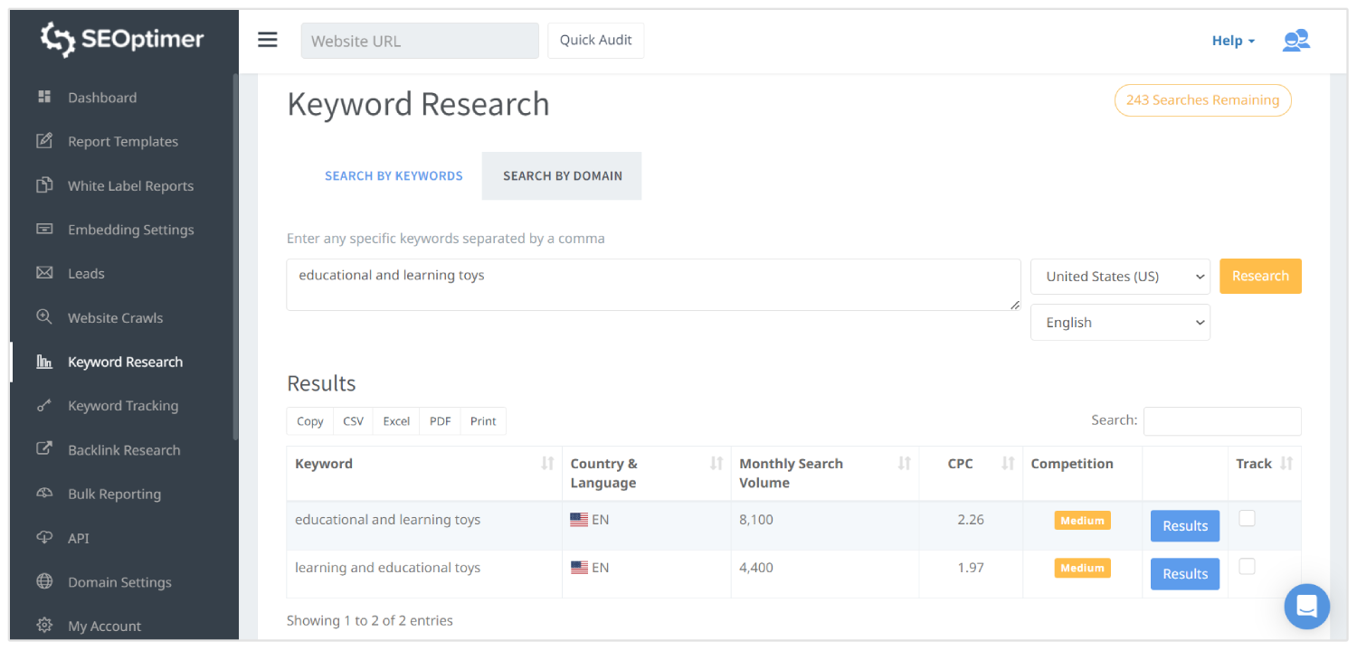 keyword research with seoptimer